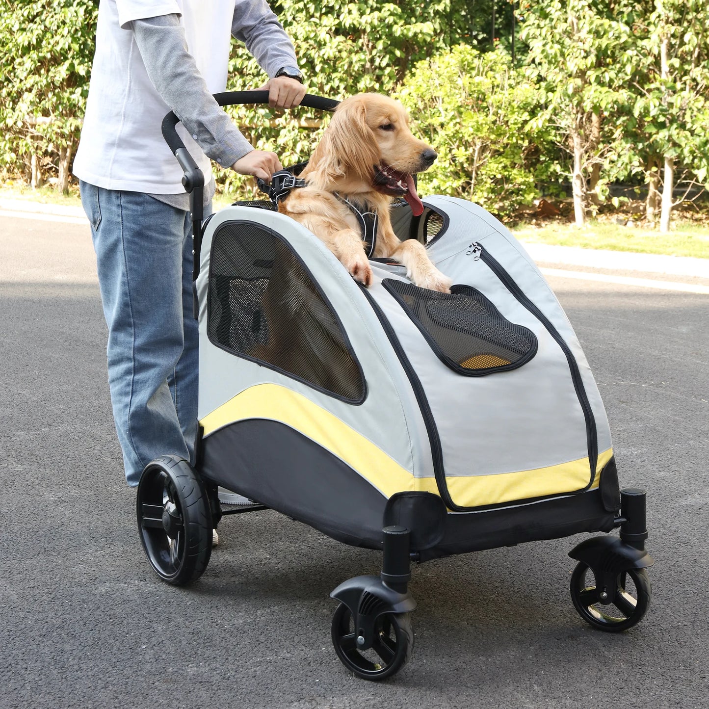 Portable Dog Stroller 4 Wheels for Large Dogs Foldable Pet Cat Travel Carriage Stroller Breathable Carrier for outside Play