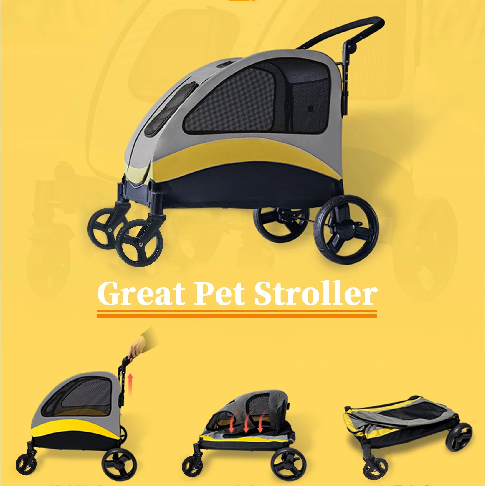 Portable Dog Stroller 4 Wheels for Large Dogs Foldable Pet Cat Travel Carriage Stroller Breathable Carrier for outside Play