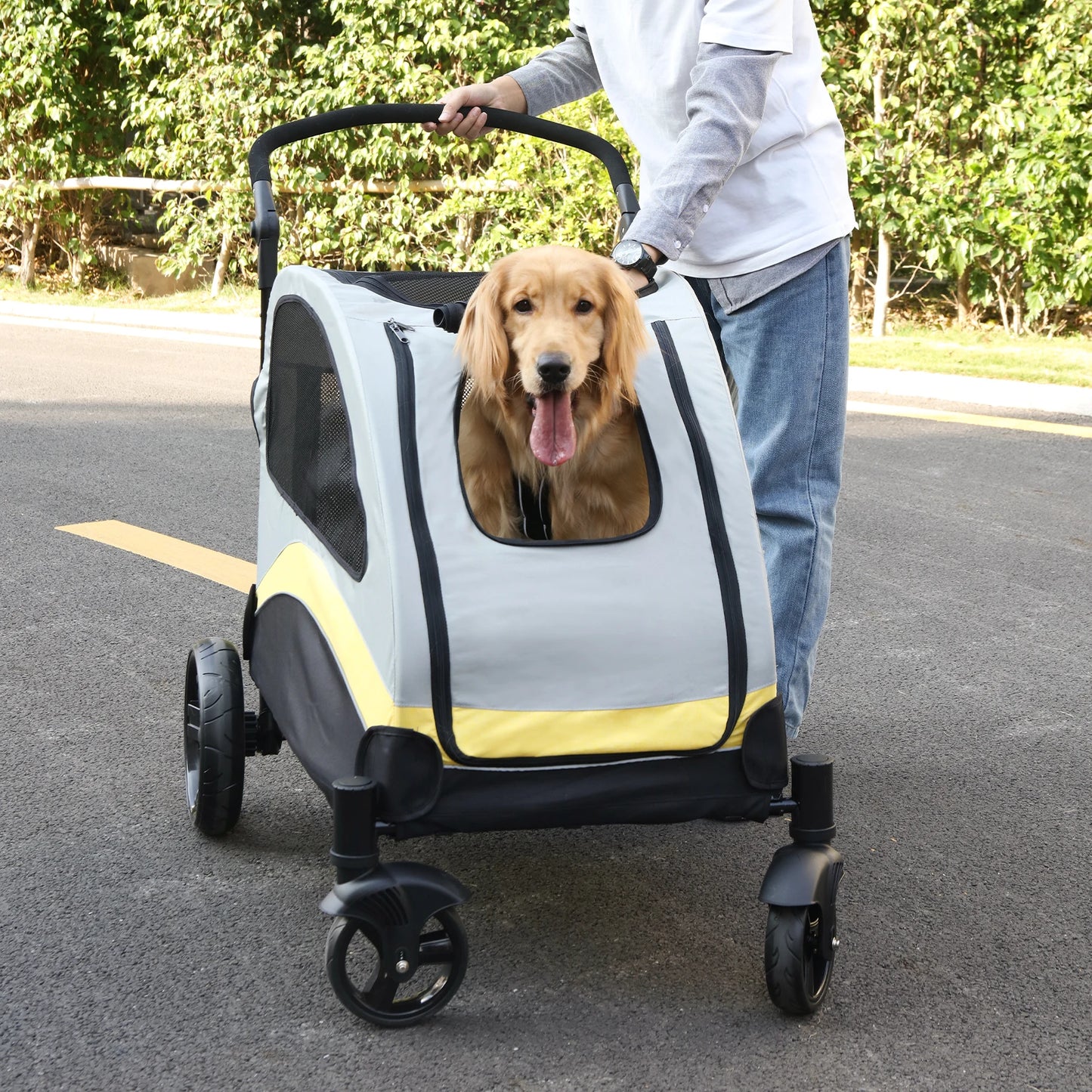 Portable Dog Stroller 4 Wheels for Large Dogs Foldable Pet Cat Travel Carriage Stroller Breathable Carrier for outside Play