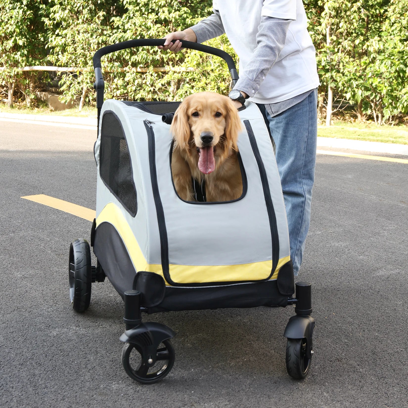 Portable Dog Stroller 4 Wheels for Large Dogs Foldable Pet Cat Travel Carriage Stroller Breathable Carrier for outside Play
