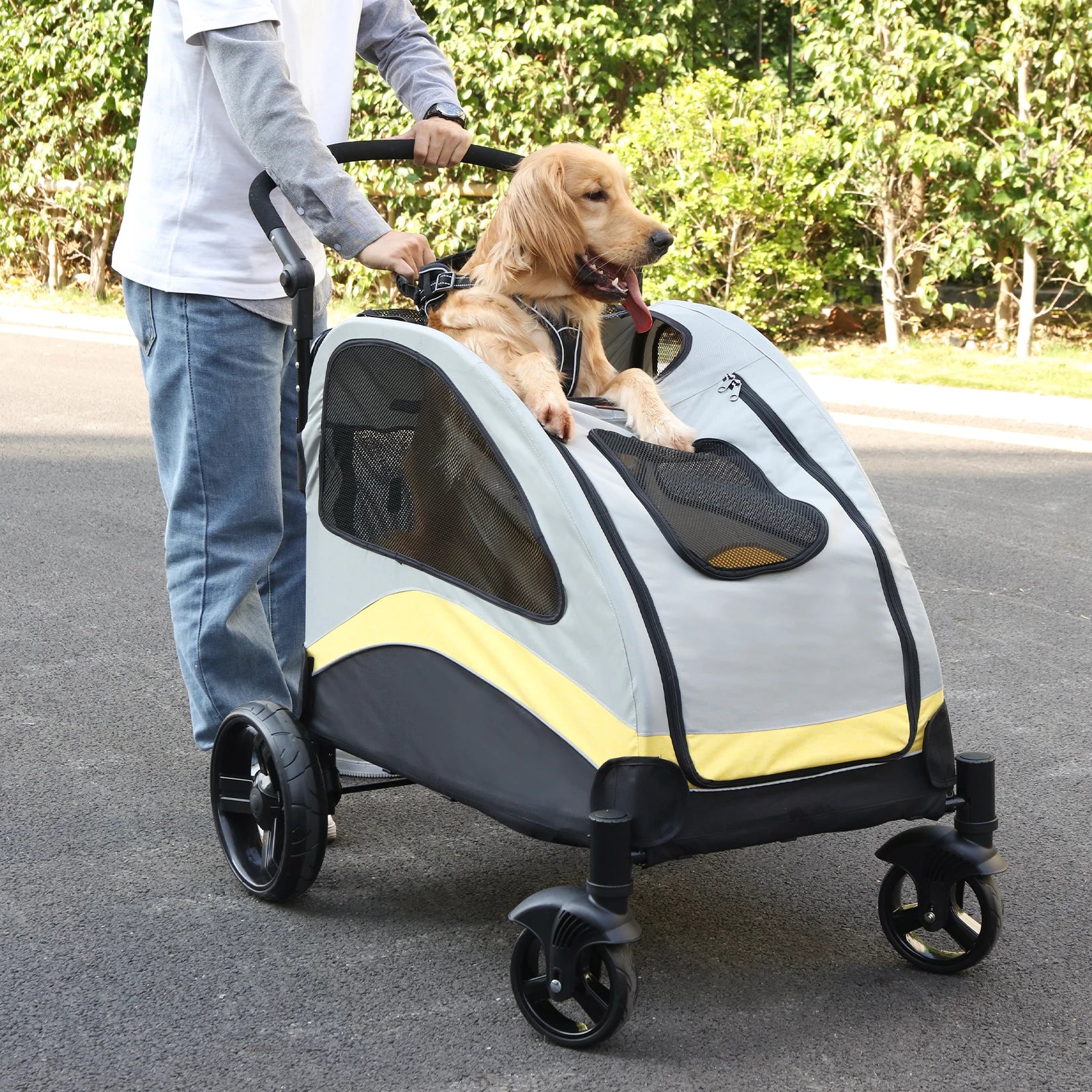 Portable Dog Stroller 4 Wheels for Large Dogs Foldable Pet Cat Travel Carriage Stroller Breathable Carrier for outside Play